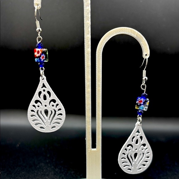 Silver and Blue Dangle Earrings with Teardrop Design - Picture 6 of 6